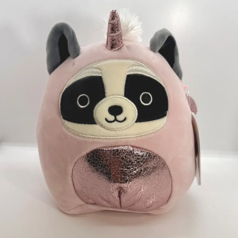 Squishmallow 7.5 Inch Rocky the Raccoon Unicorn Pink Metallic Plush Kellytoy NWT